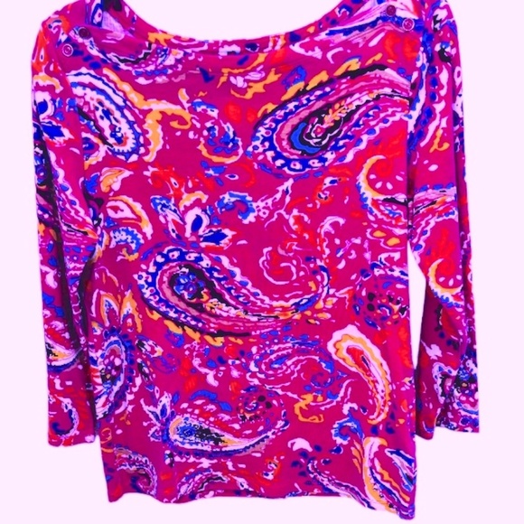 Rafaella Medium Pink Paisley Long Sleeve Button Shoulder Stretch Knit Top - Picture 2 of 5